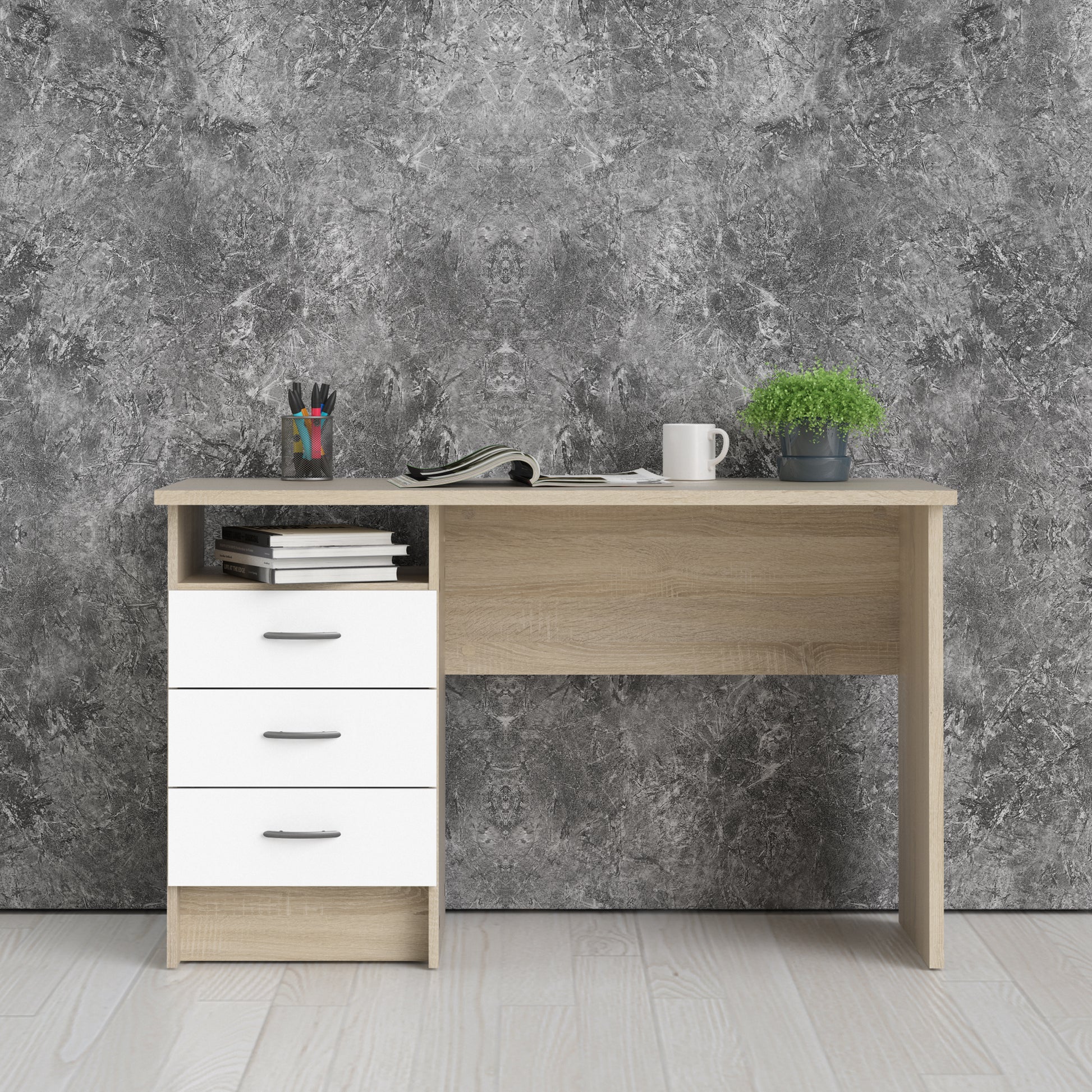Function Plus  Oak Desk 3 White Drawers