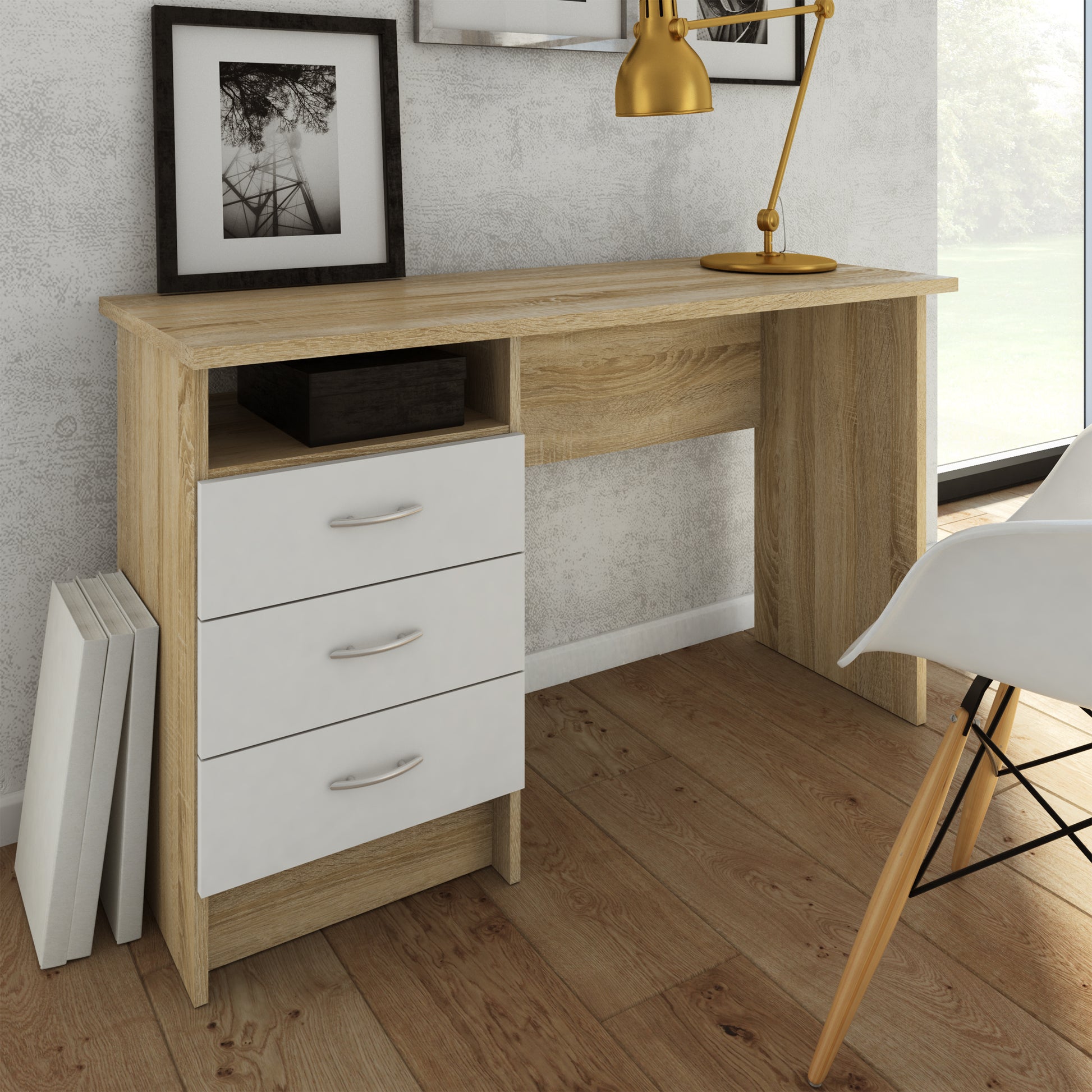 Function Plus  Oak Desk 3 White Drawers
