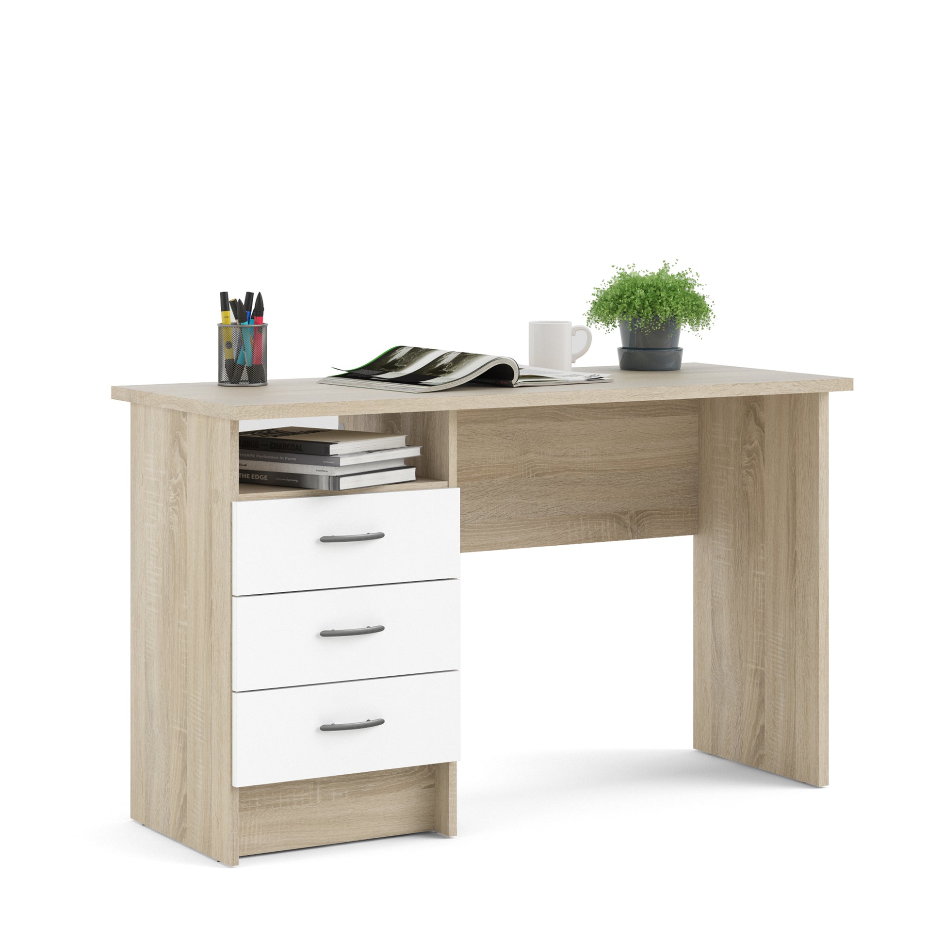 Function Plus  Oak Desk 3 White Drawers