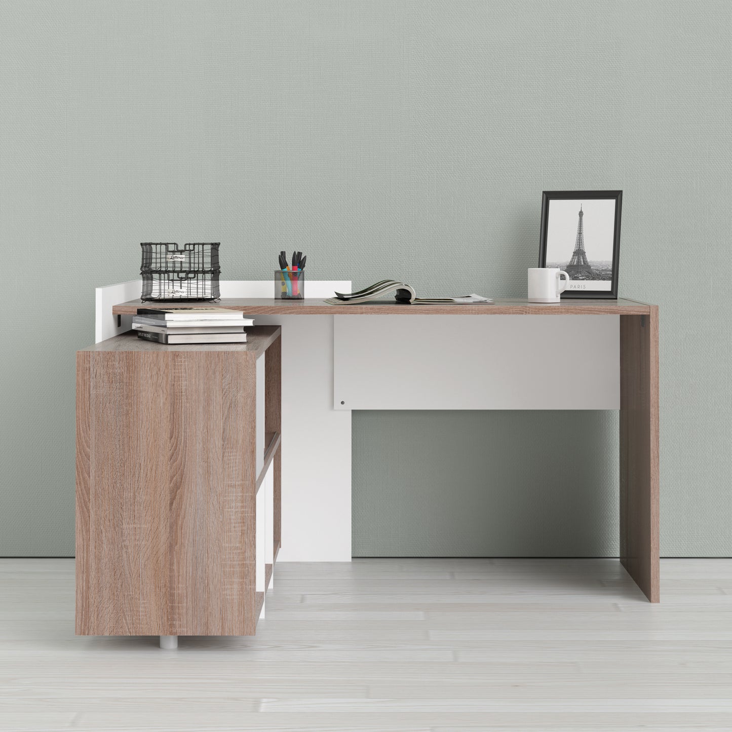 Function Plus  Unit Desk with 6 Shelf Bookcase in White and Truffle Oak