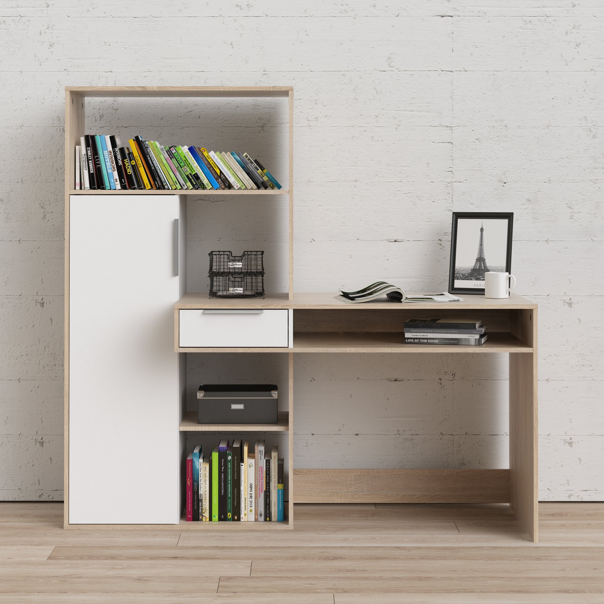 Function Plus  Desk multi-functional Desk with Drawer and 1 Door in White and Oak