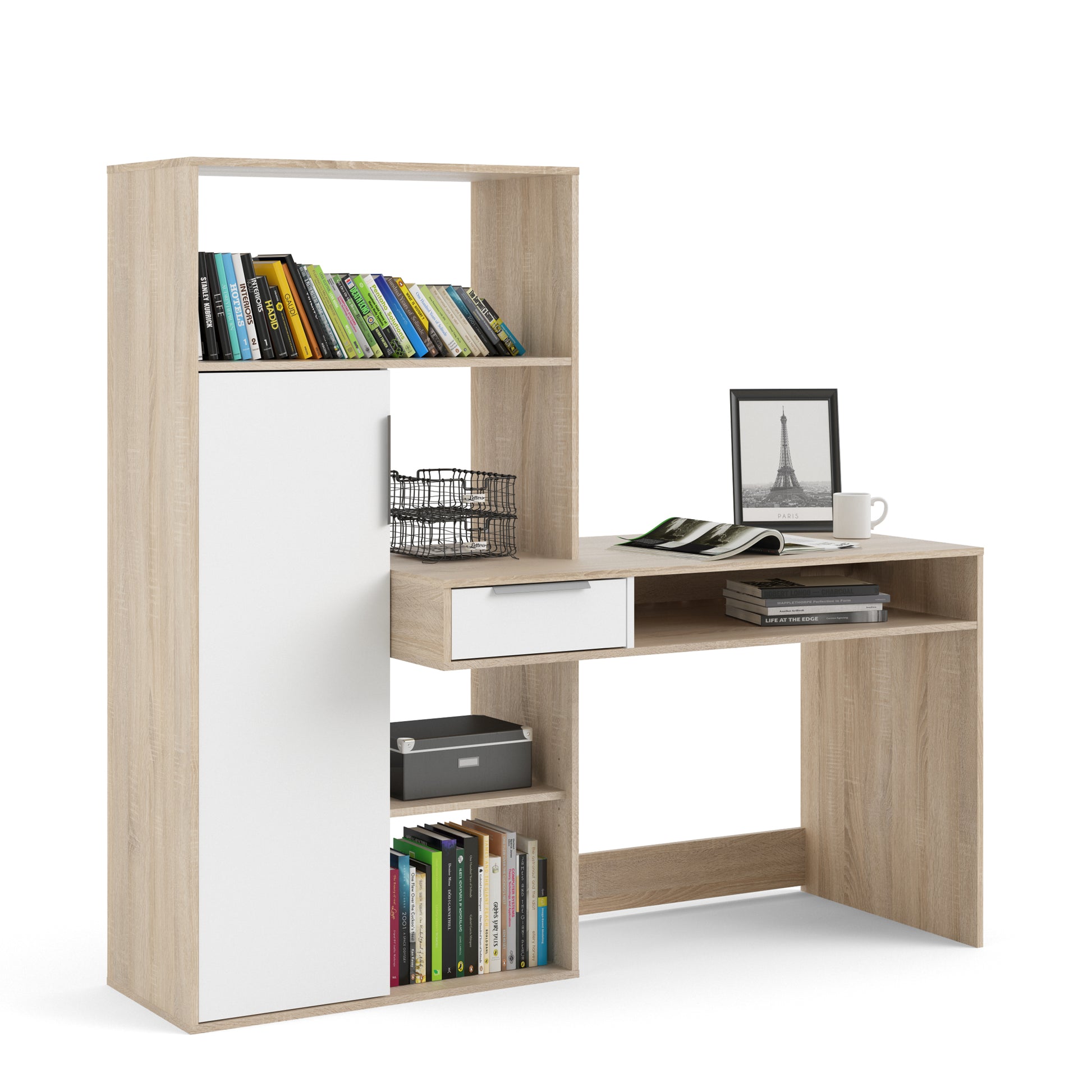 Function Plus  Desk multi-functional Desk with Drawer and 1 Door in White and Oak