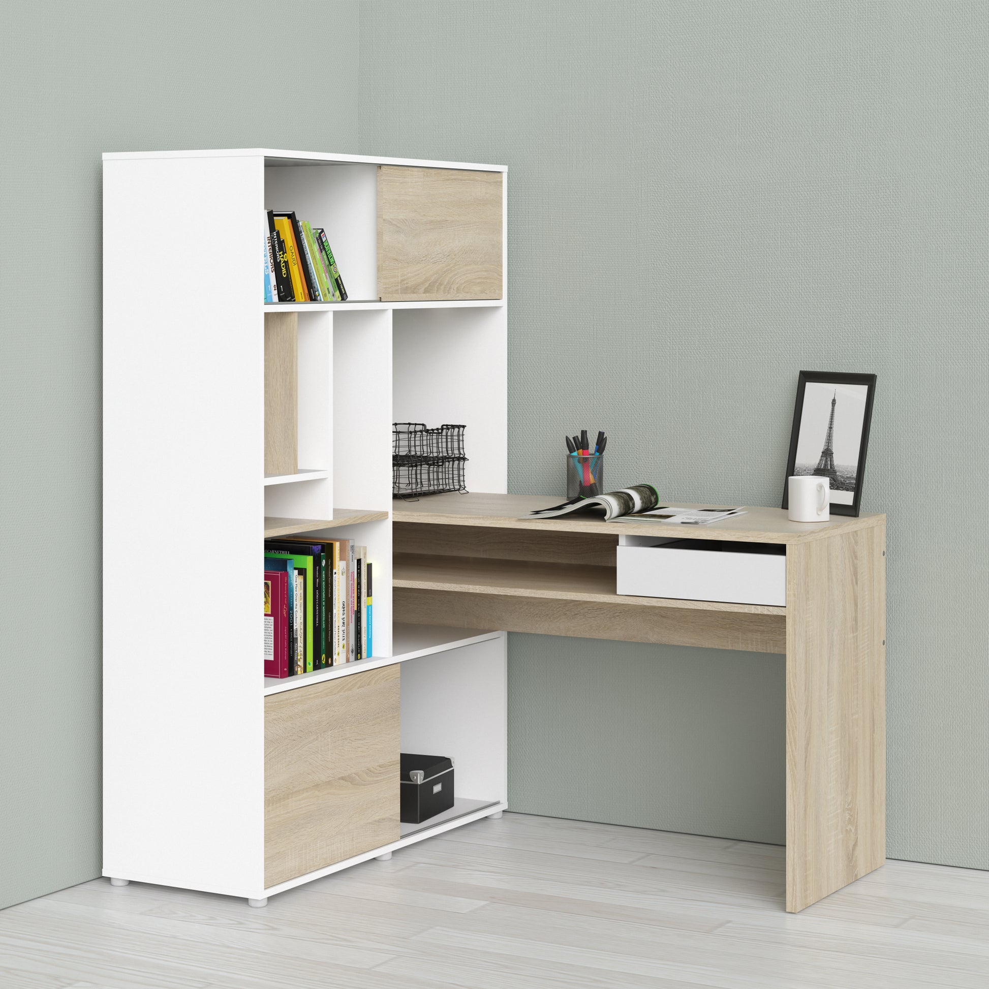 Function Plus  Desk with multi-functional storage unit In White and Oak