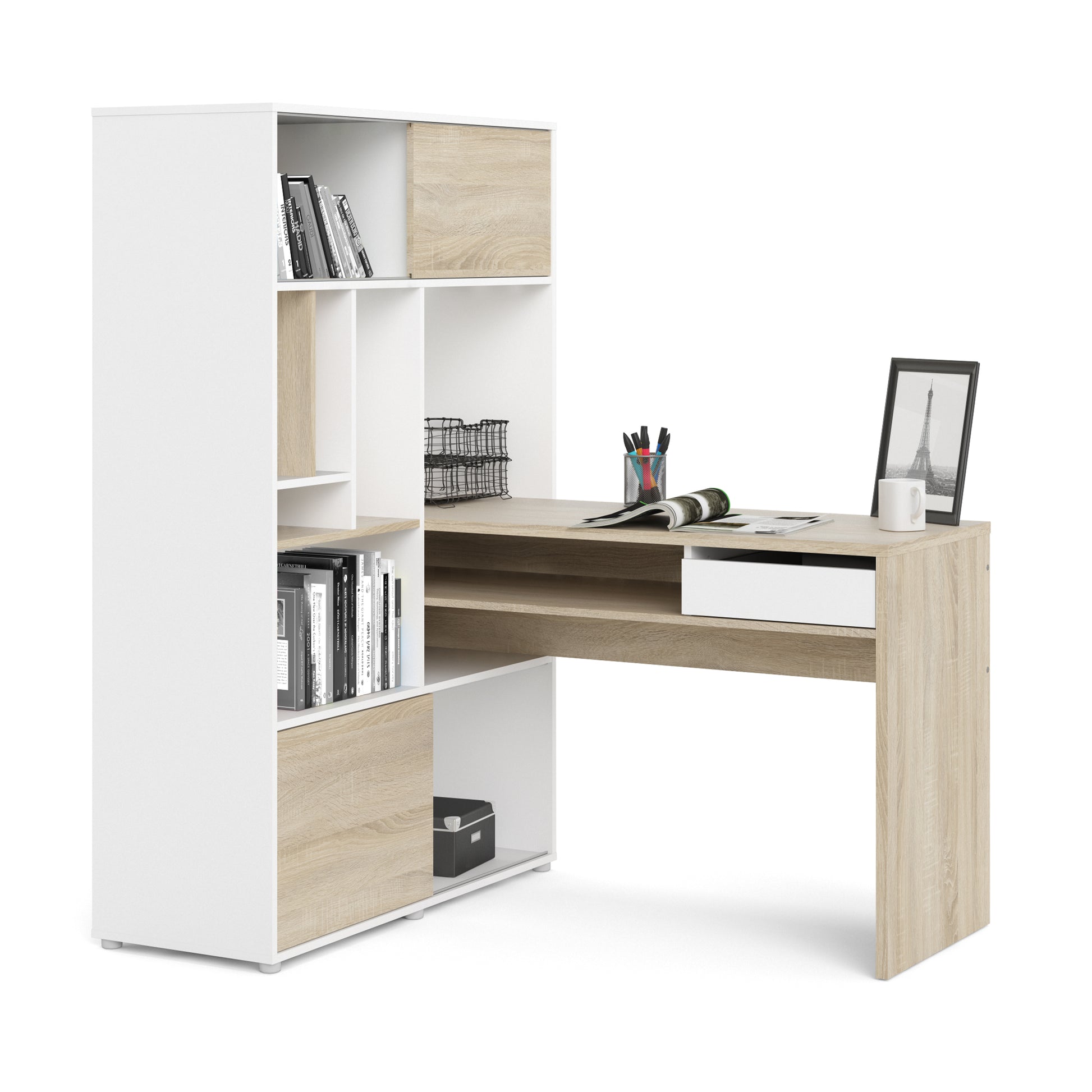 Function Plus  Desk with multi-functional storage unit In White and Oak