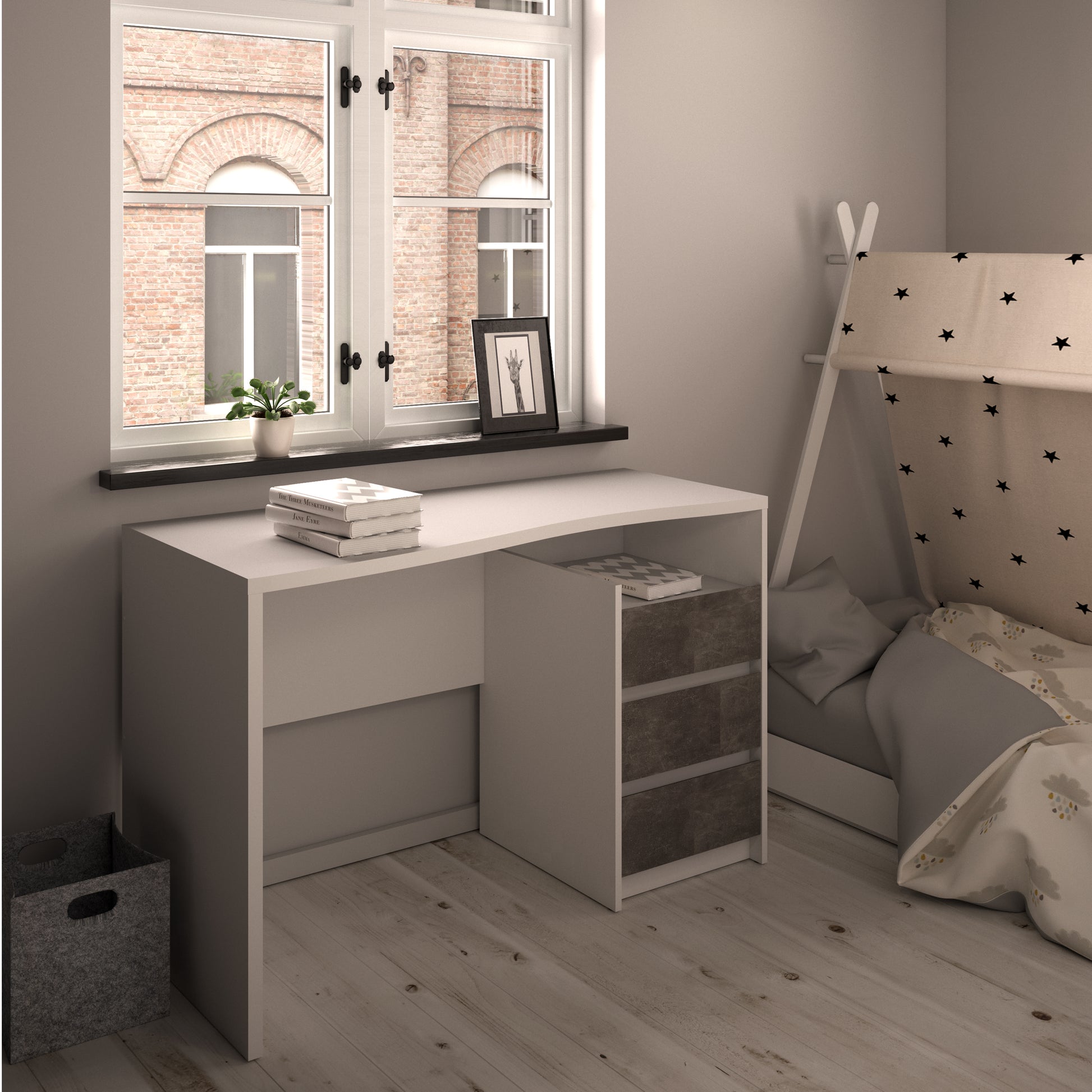 Function Plus  Modern Desk 3 Drawers in White and Grey