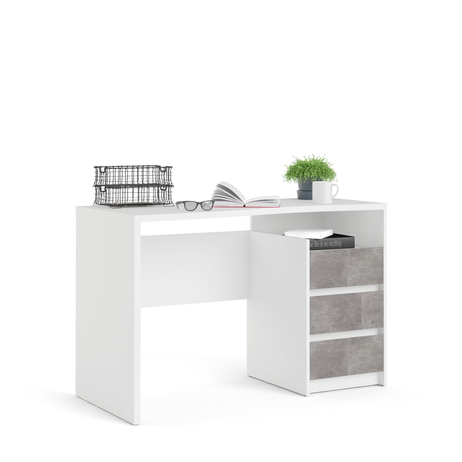 Function Plus  Modern Desk 3 Drawers in White and Grey