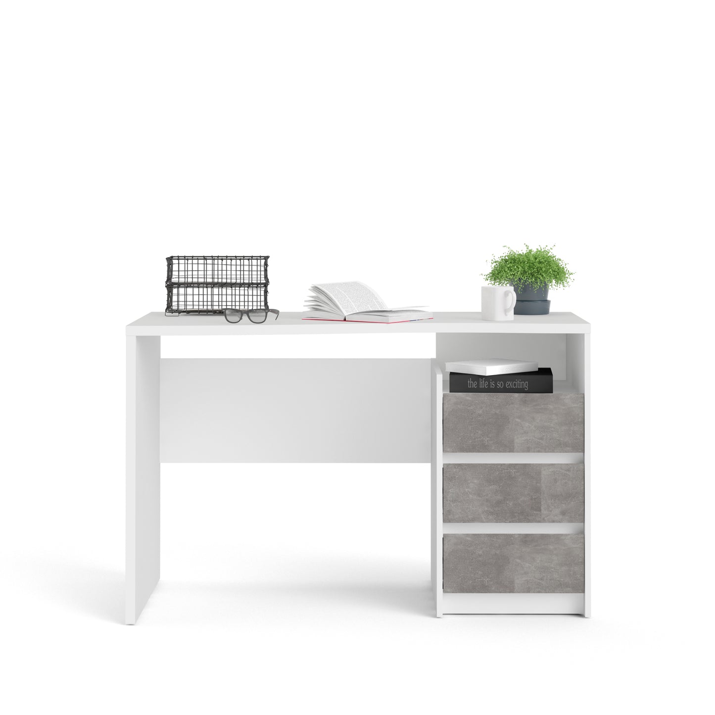 Function Plus  Modern Desk 3 Drawers in White and Grey