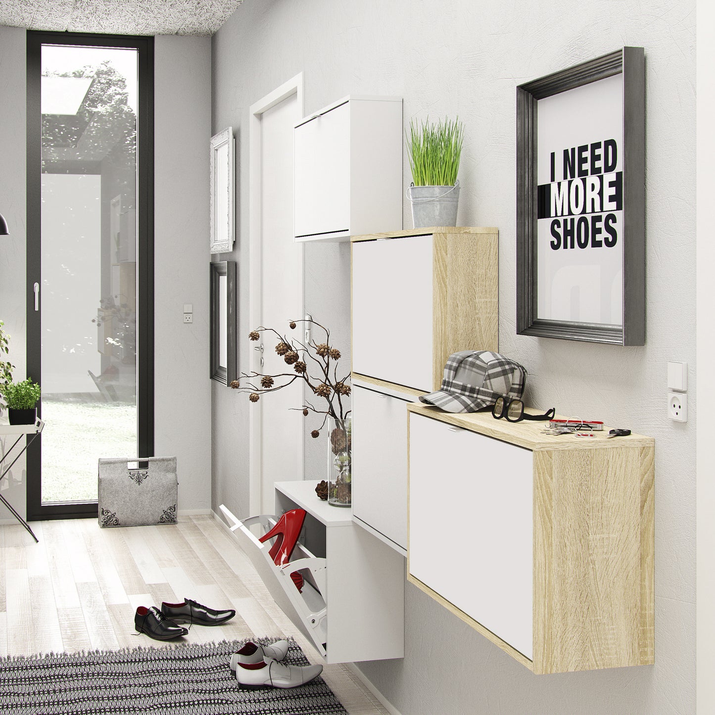 Shoes  Shoe cabinet w. 2 tilting doors and 2 layers Oak structure White