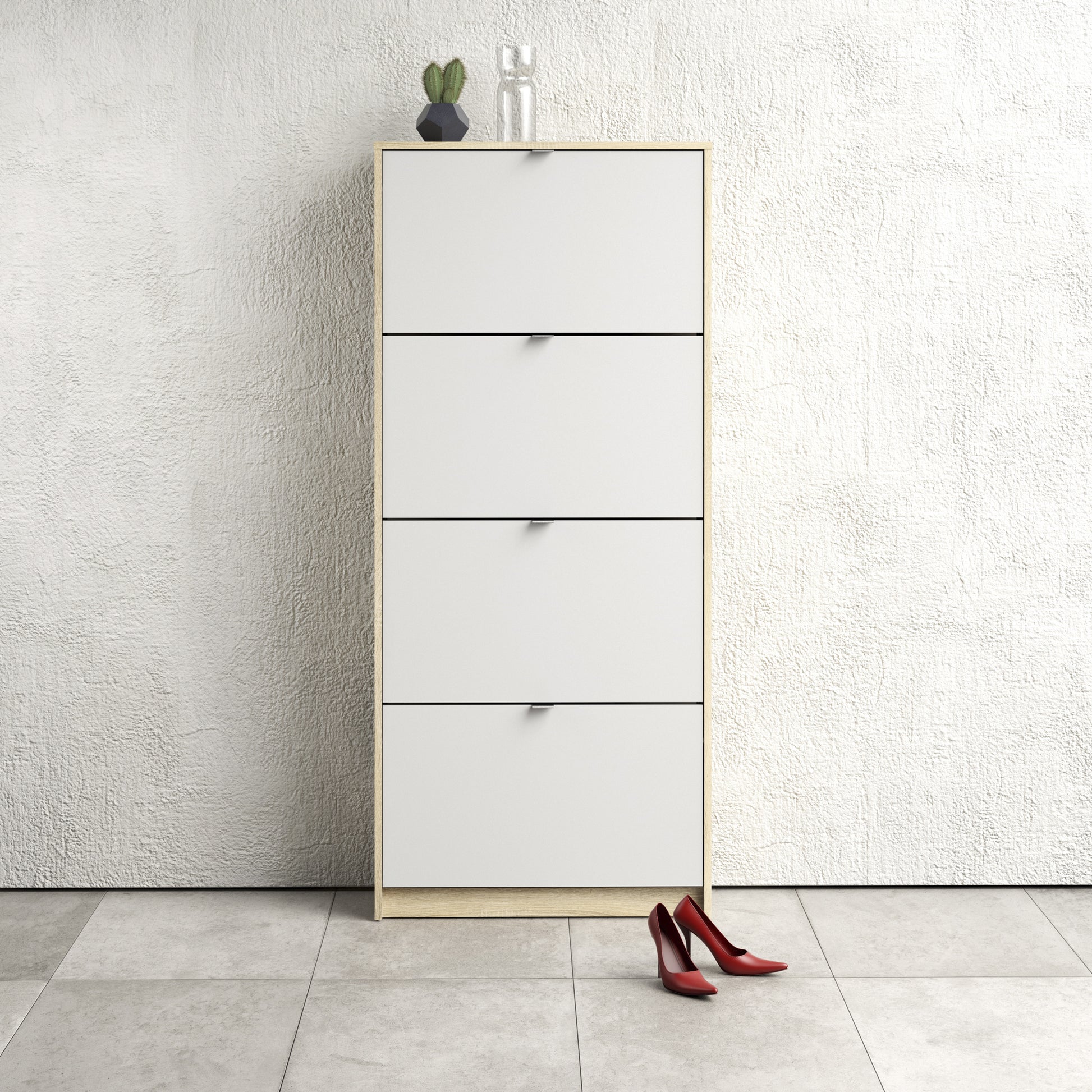 Shoes  Shoe cabinet w. 4 tilting doors and 2 layers Oak structure White