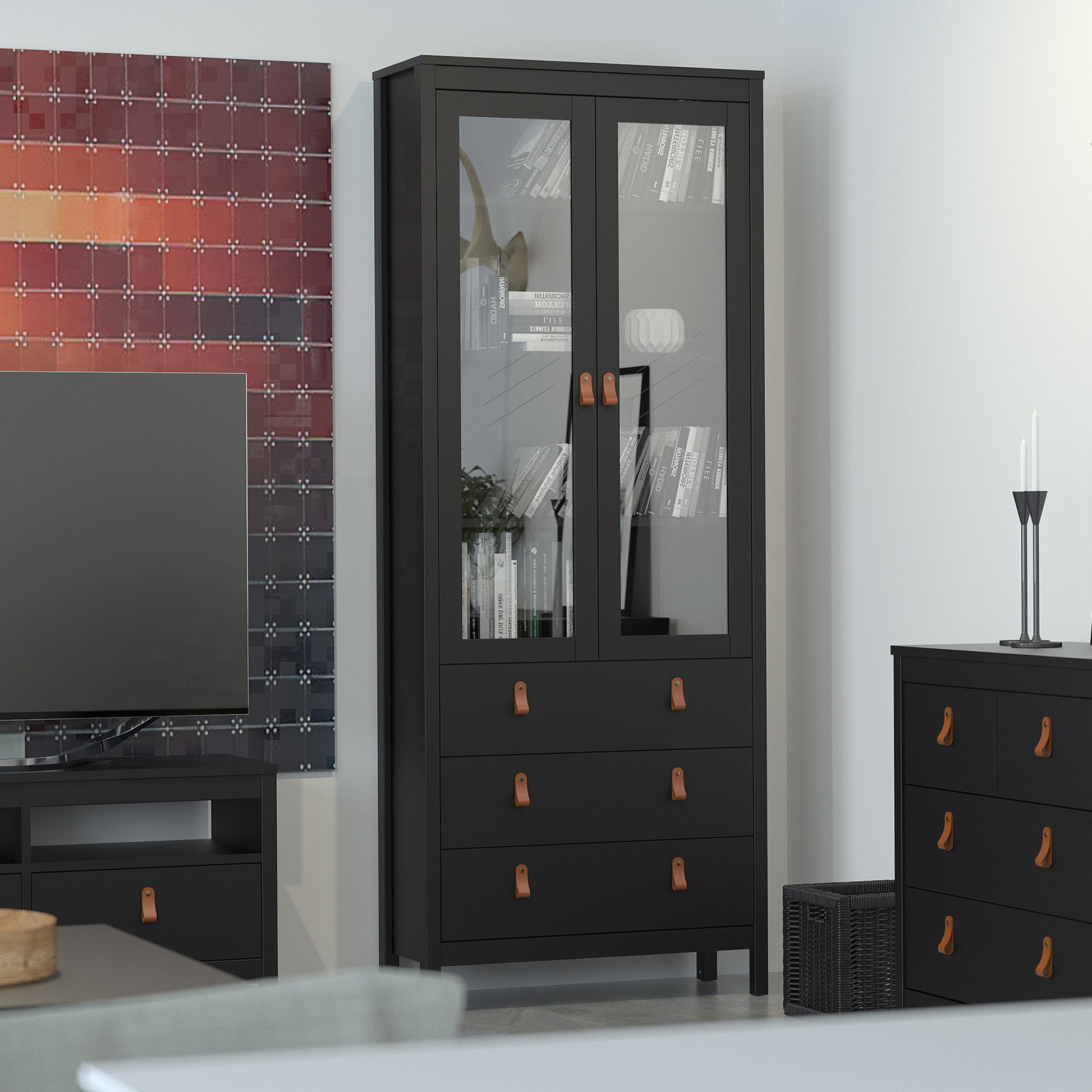 Barcelona  China cabinet 2 doors w/glass + 3 drawers in Matt Black