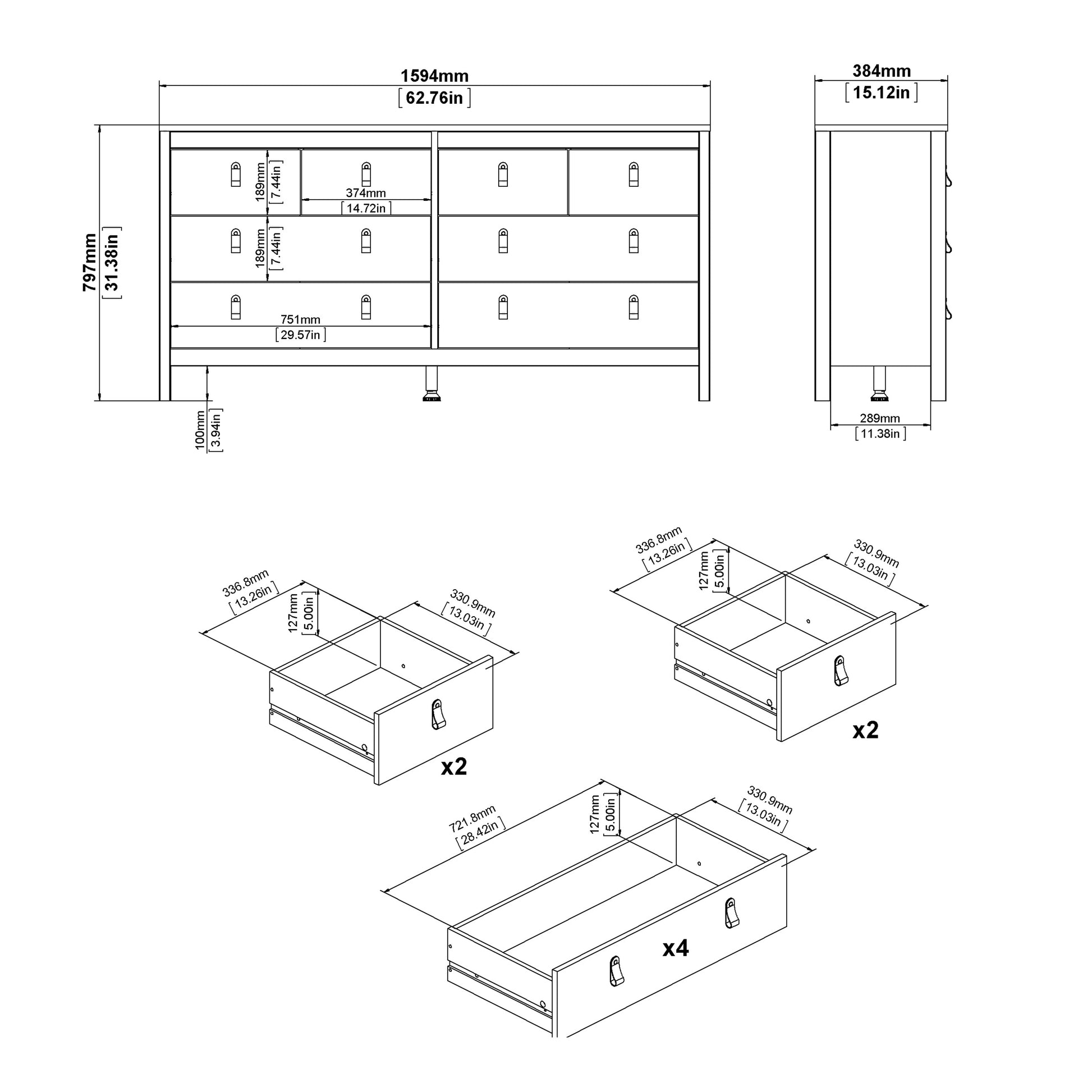 Madrid  Double dresser 4+4 drawers in Matt Black