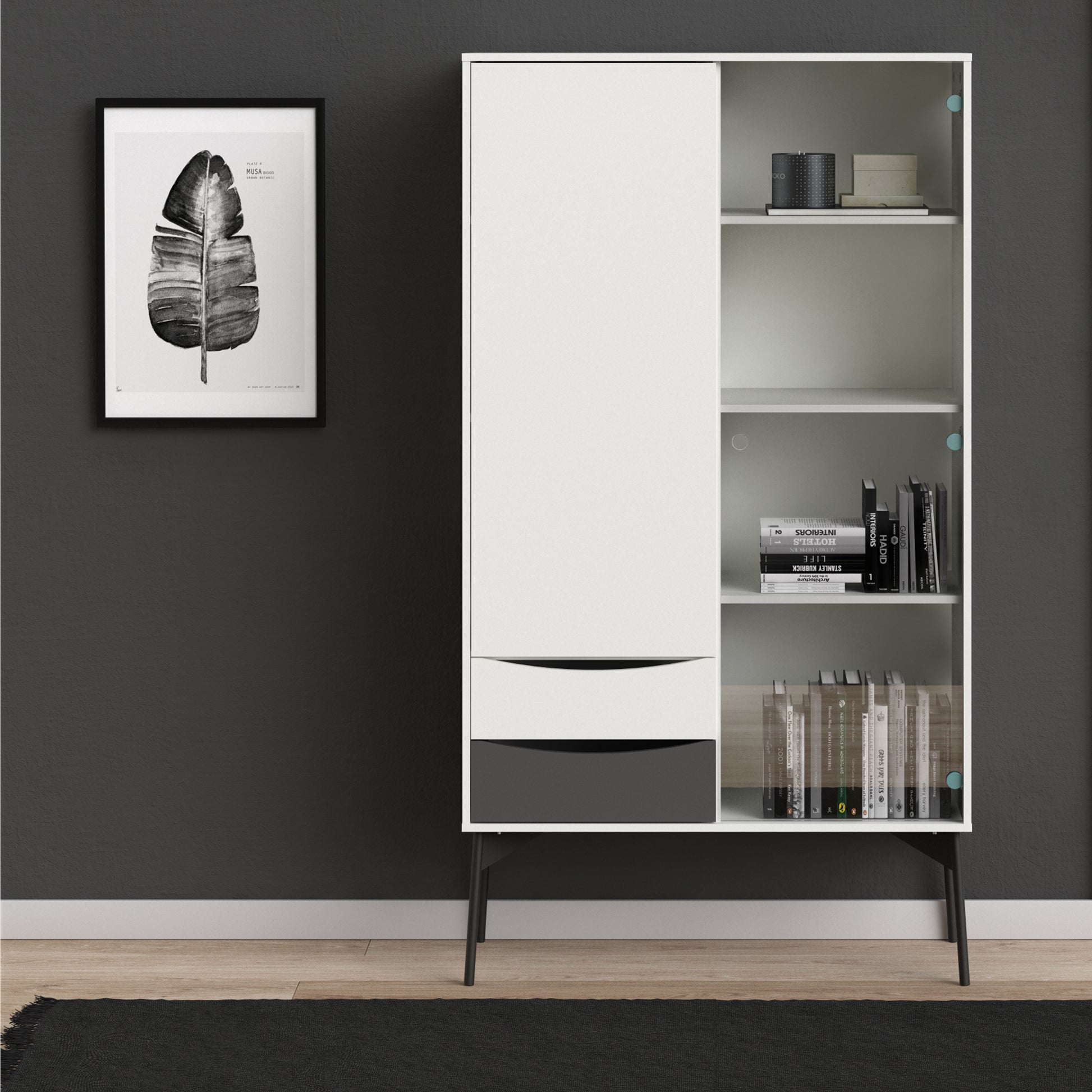Fur  China Cabinet 1 Door + 1 Glass Door + 2 Drawers in Grey and White