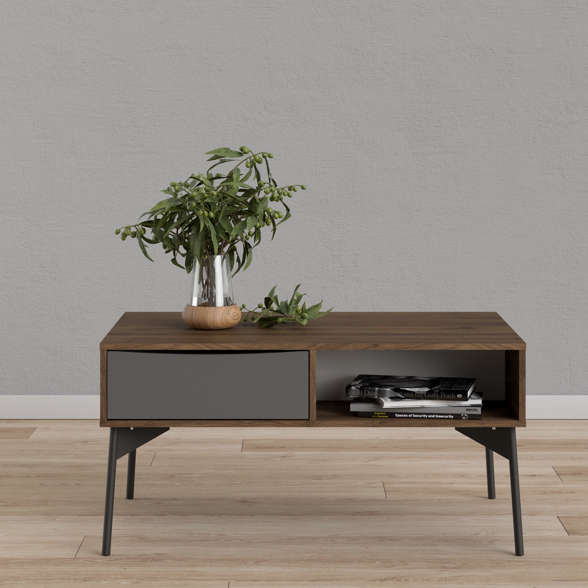 Fur  Coffee table with 1 Drawer in Grey, White and Walnut
