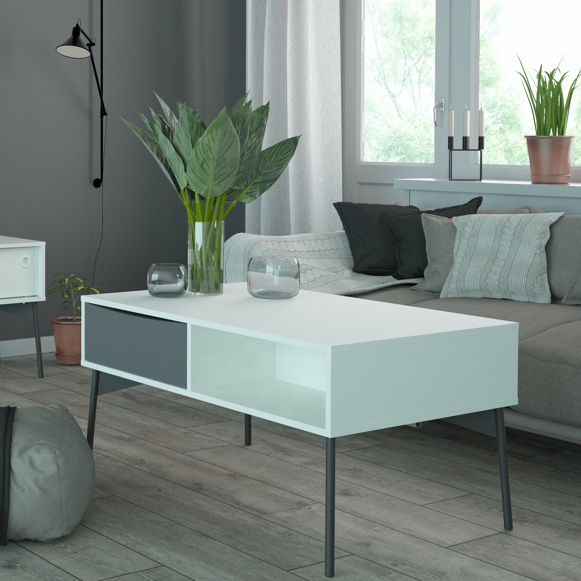 Fur  Coffee table with 1 Drawer in Grey and White