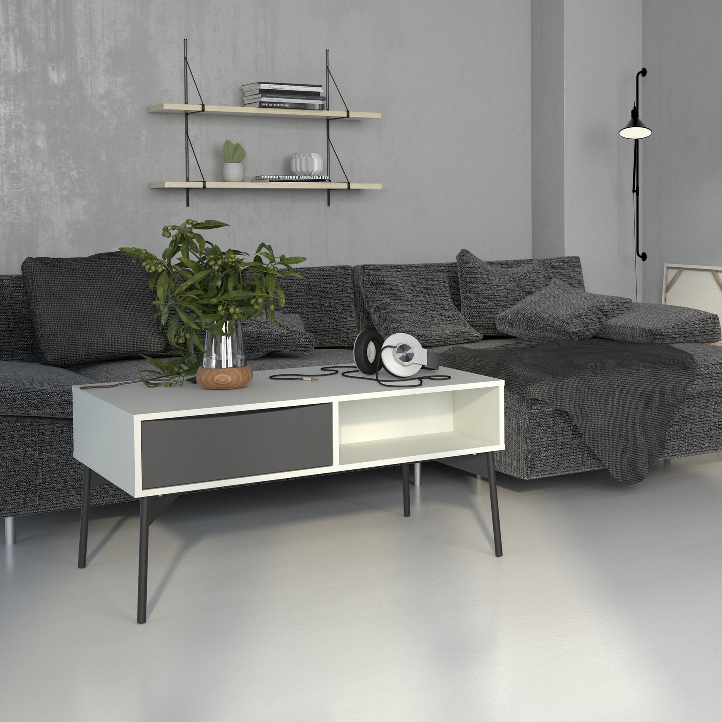 Fur  Coffee table with 1 Drawer in Grey and White
