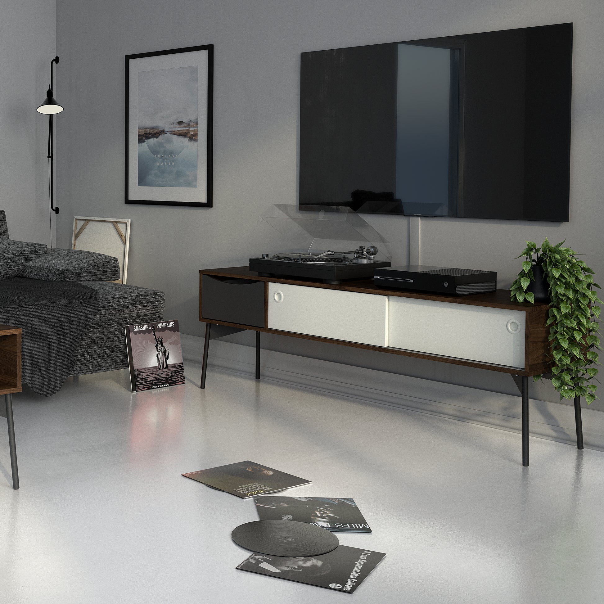 Fur  TV-Unit 2 sliding Doors + 1 Drawer in Grey, White and Walnut