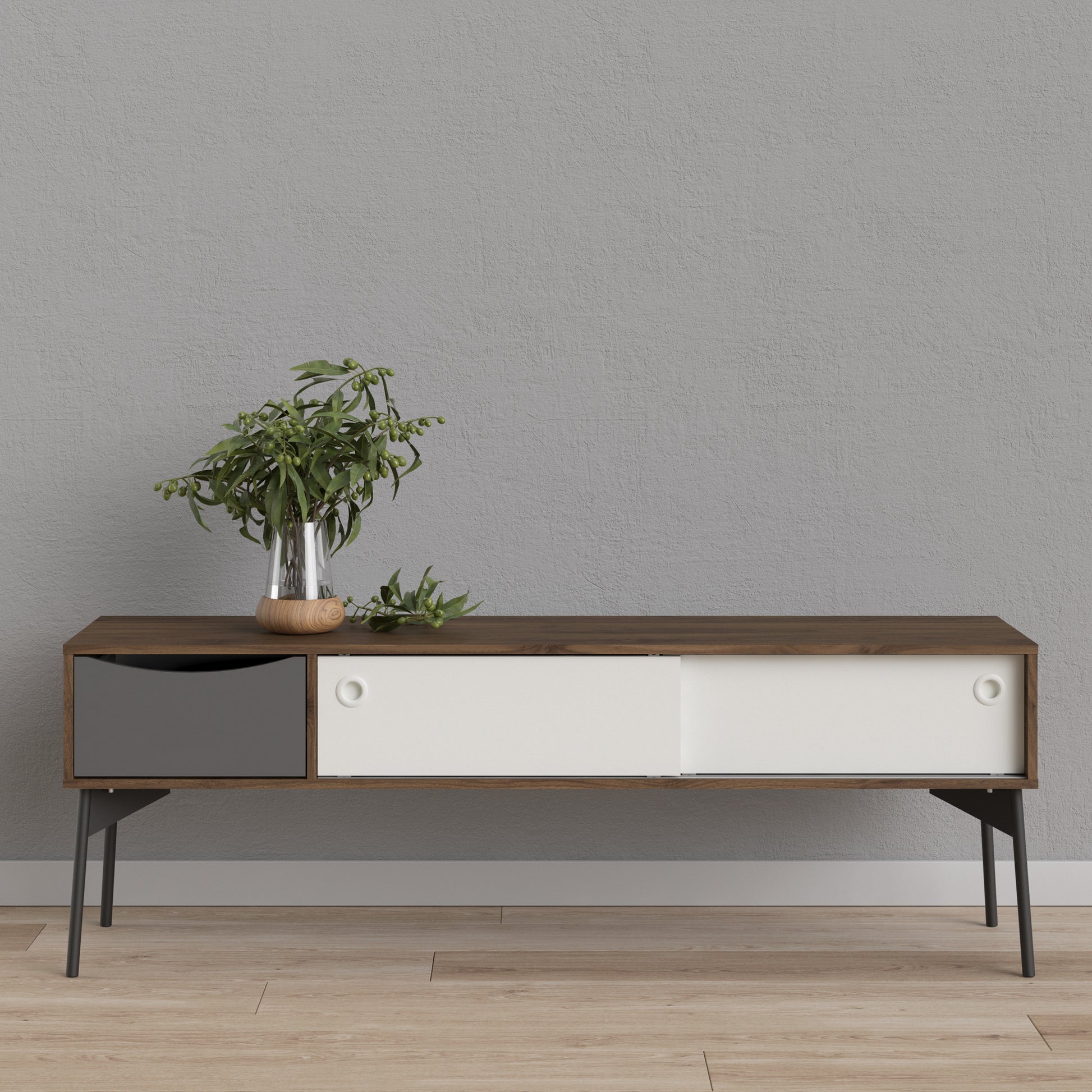 Fur  TV-Unit 2 sliding Doors + 1 Drawer in Grey, White and Walnut