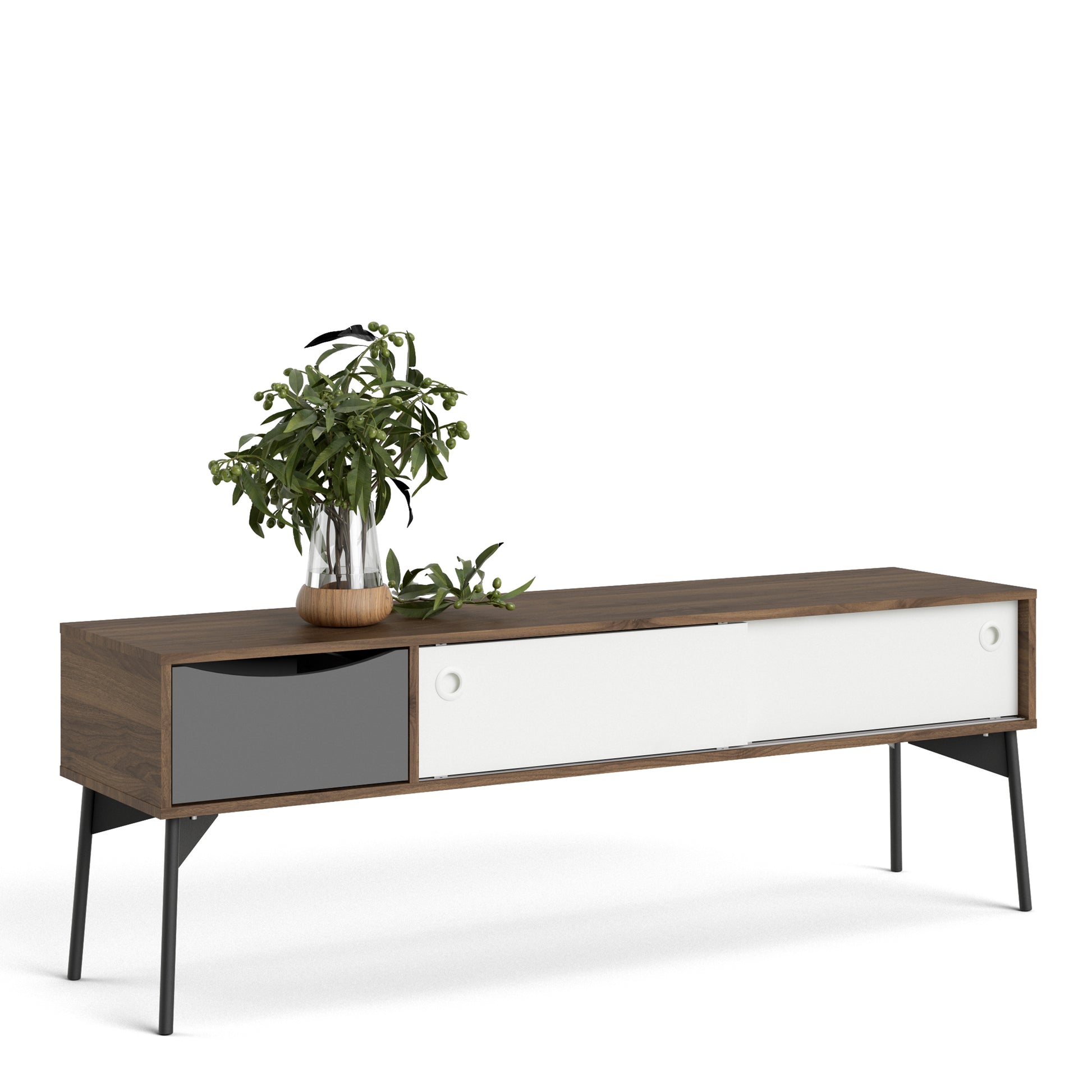 Fur  TV-Unit 2 sliding Doors + 1 Drawer in Grey, White and Walnut