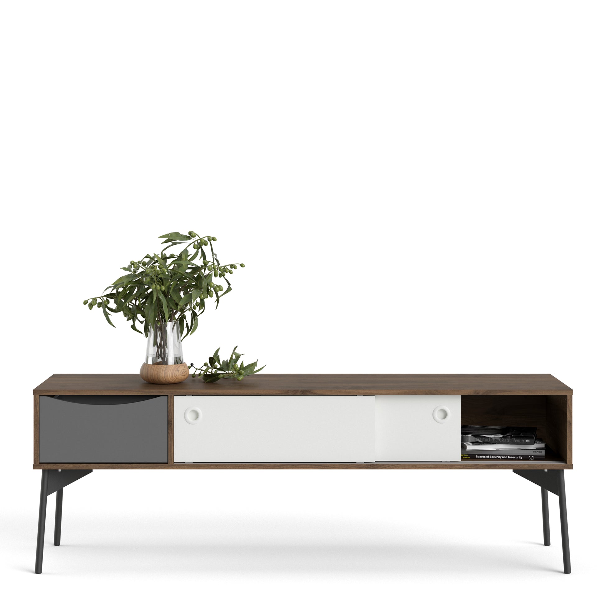 Fur  TV-Unit 2 sliding Doors + 1 Drawer in Grey, White and Walnut