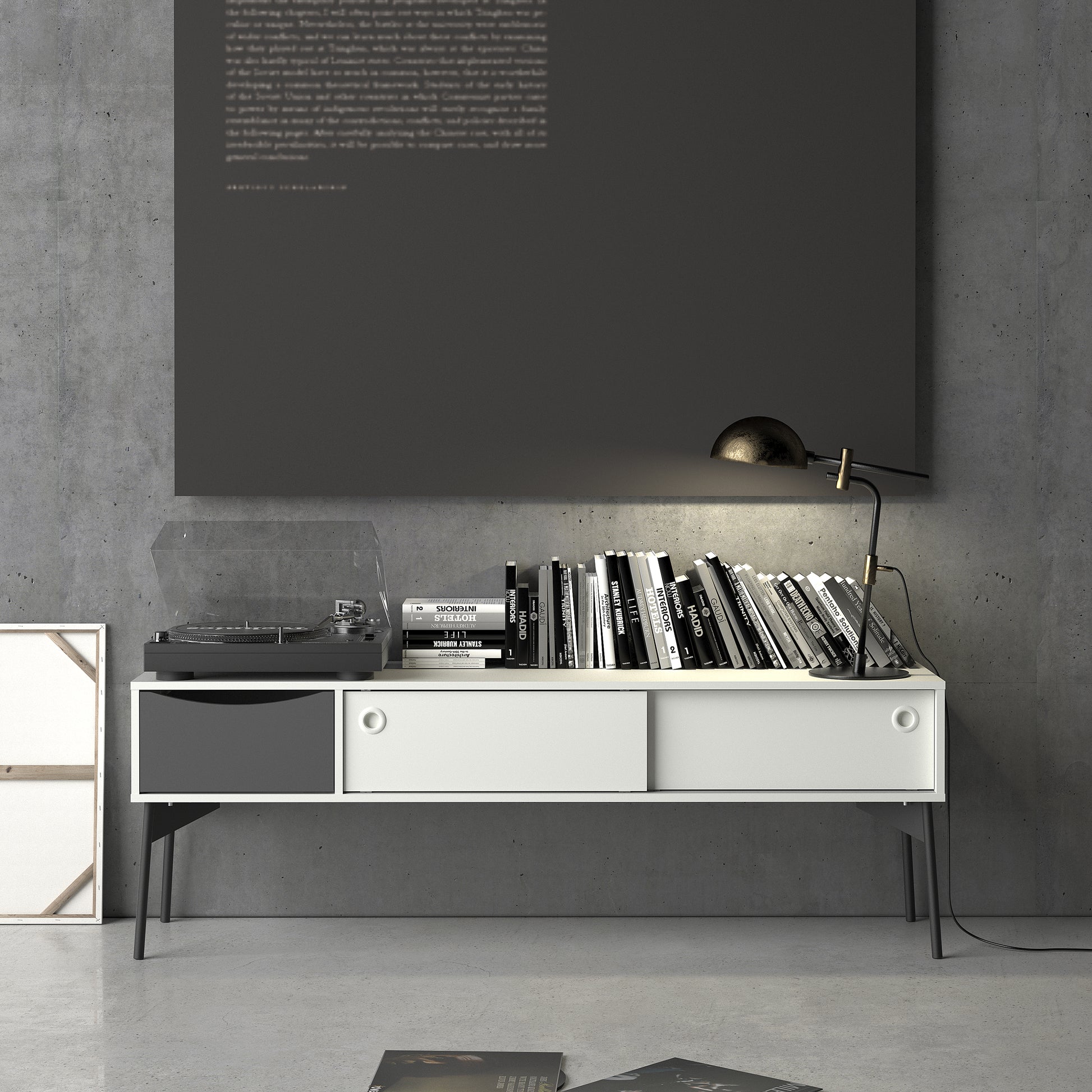 Fur  TV-Unit 2 sliding Doors + 1 Drawer in Grey and White