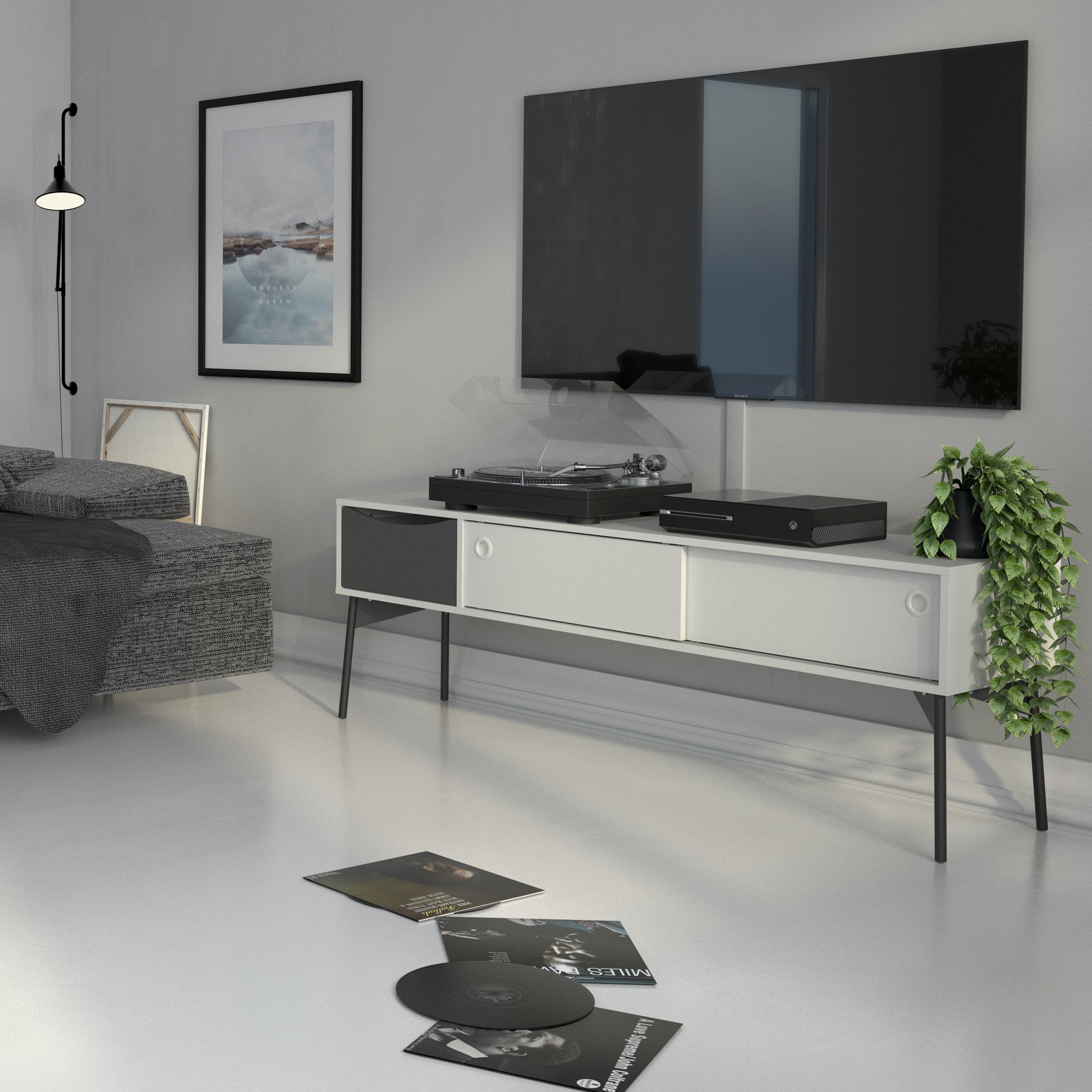 Fur  TV-Unit 2 sliding Doors + 1 Drawer in Grey and White