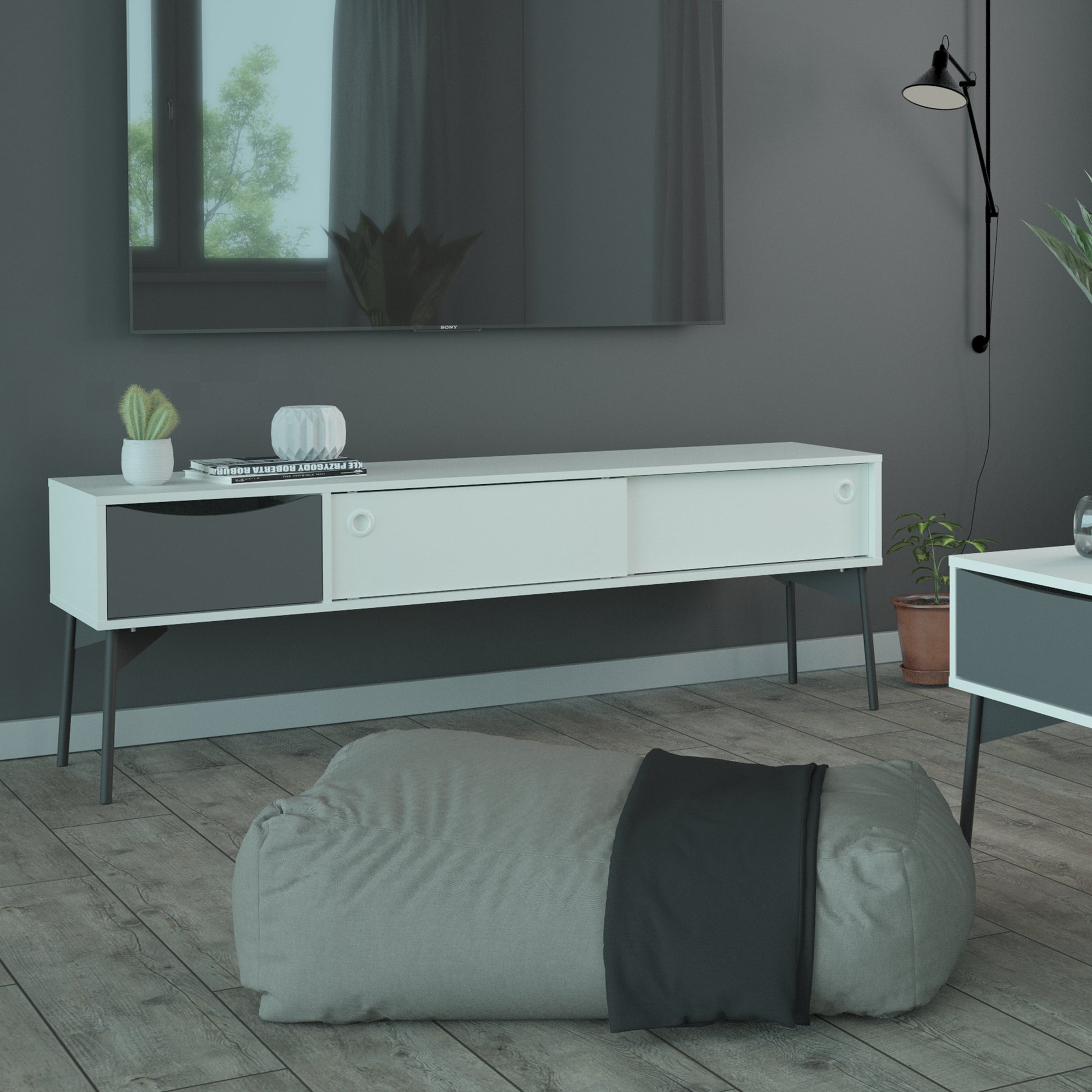 Fur  TV-Unit 2 sliding Doors + 1 Drawer in Grey and White