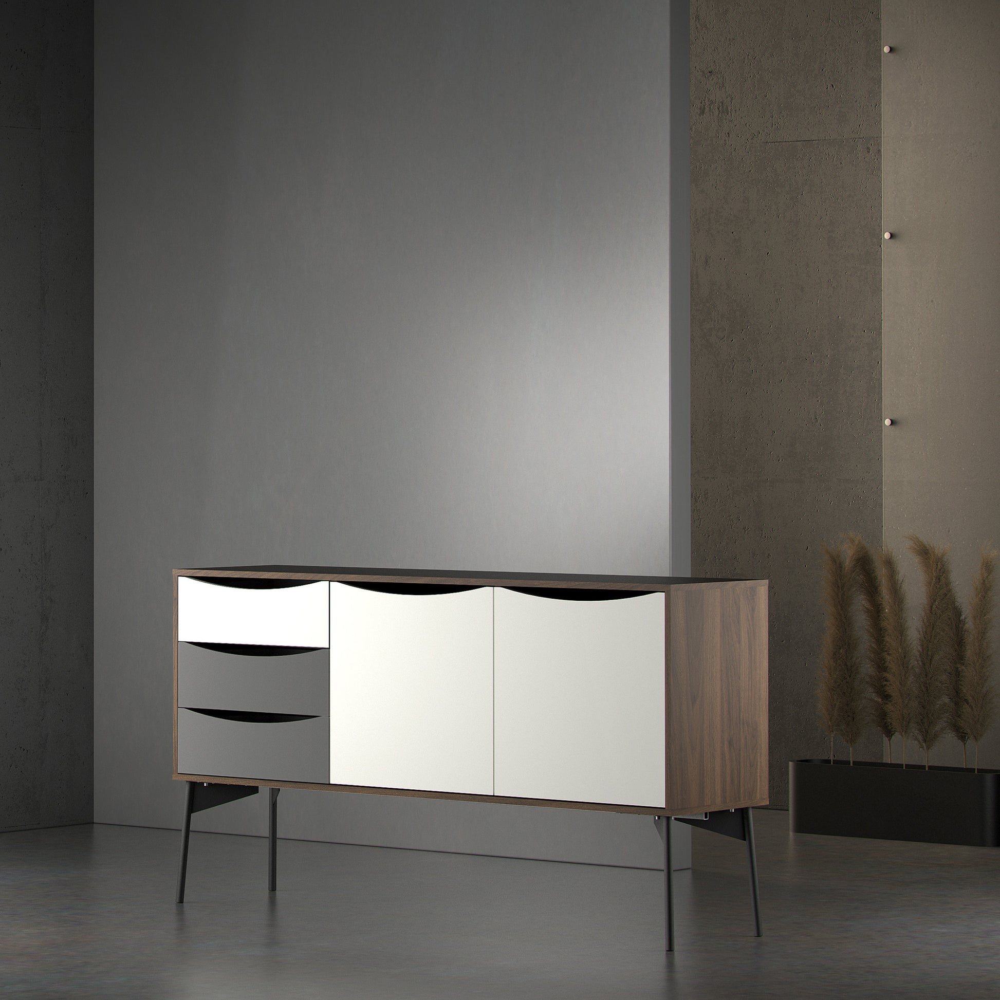 Fur  Sideboard 2 Doors + 3 Drawers in Grey, White and Walnut