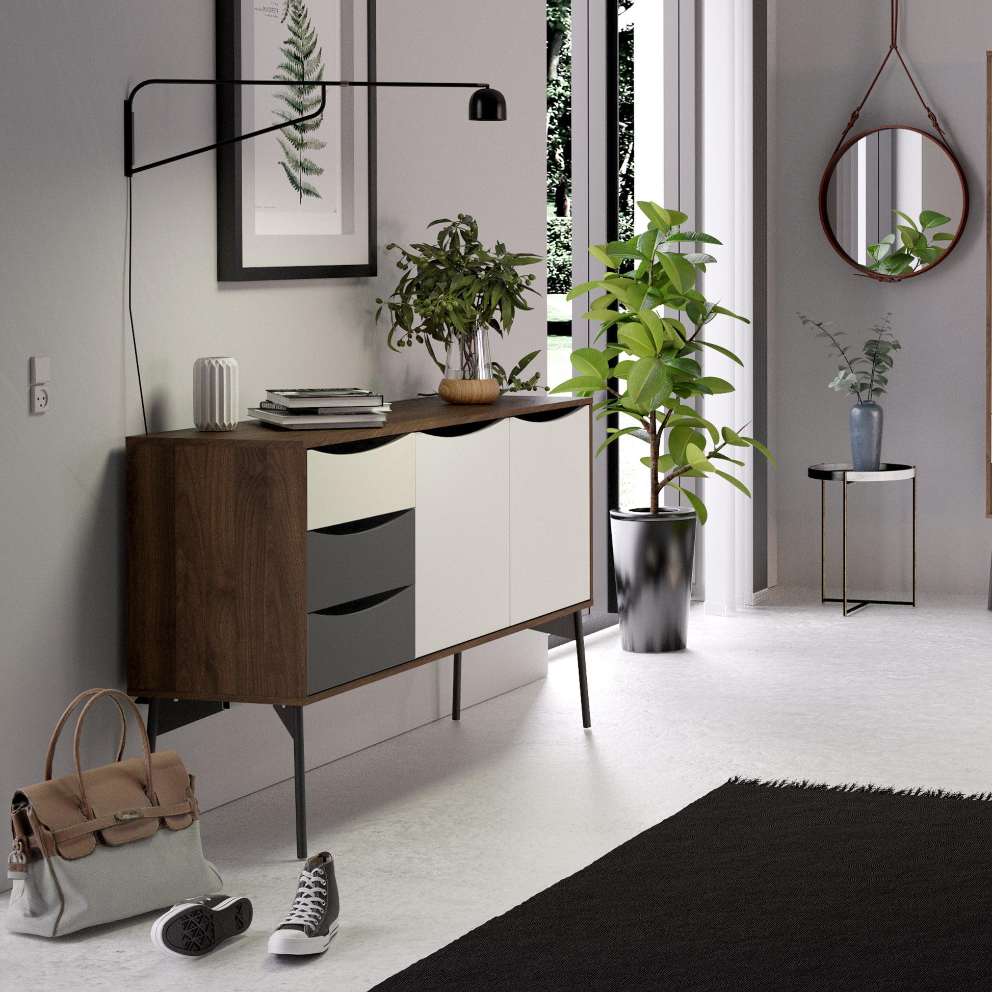 Fur  Sideboard 2 Doors + 3 Drawers in Grey, White and Walnut