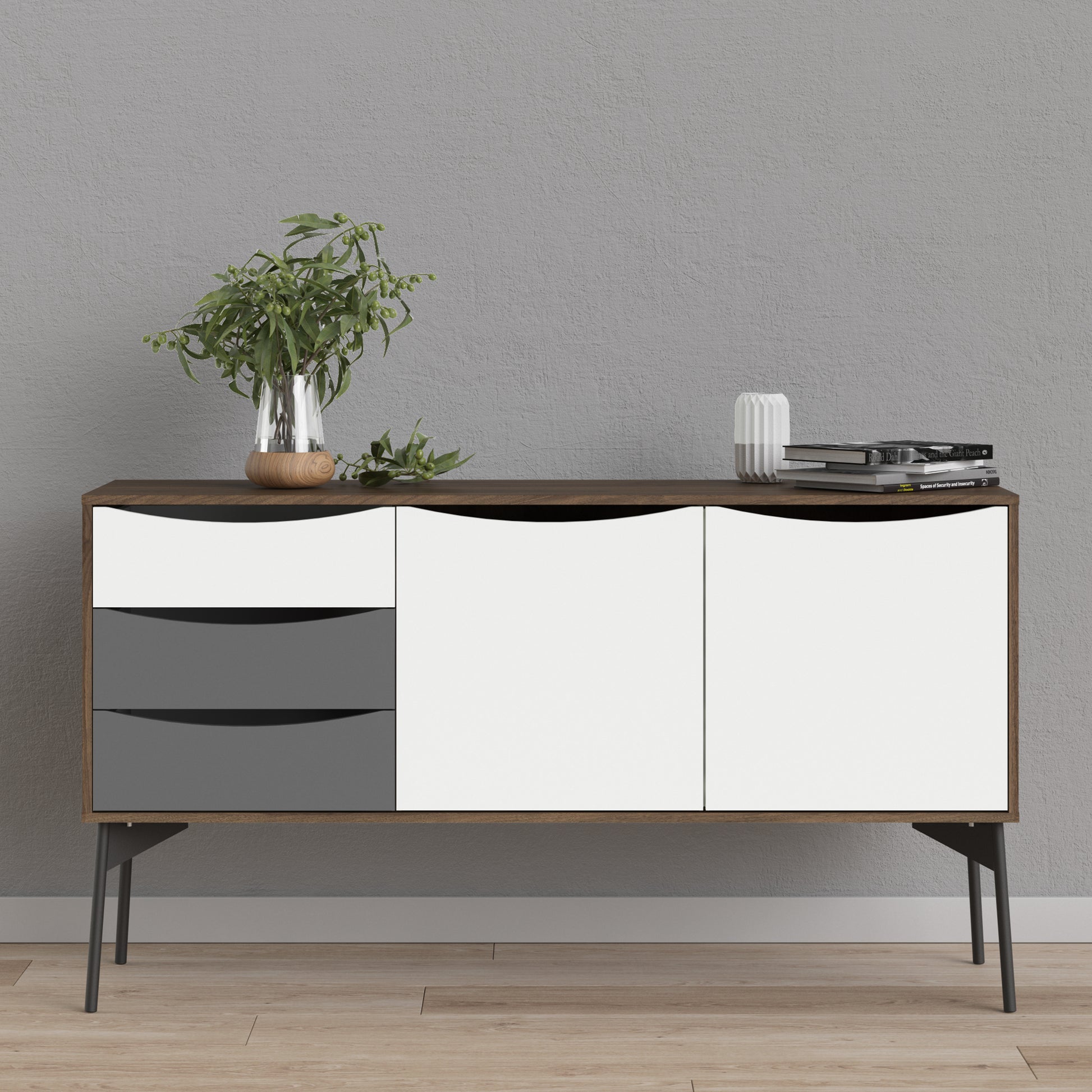 Fur  Sideboard 2 Doors + 3 Drawers in Grey, White and Walnut