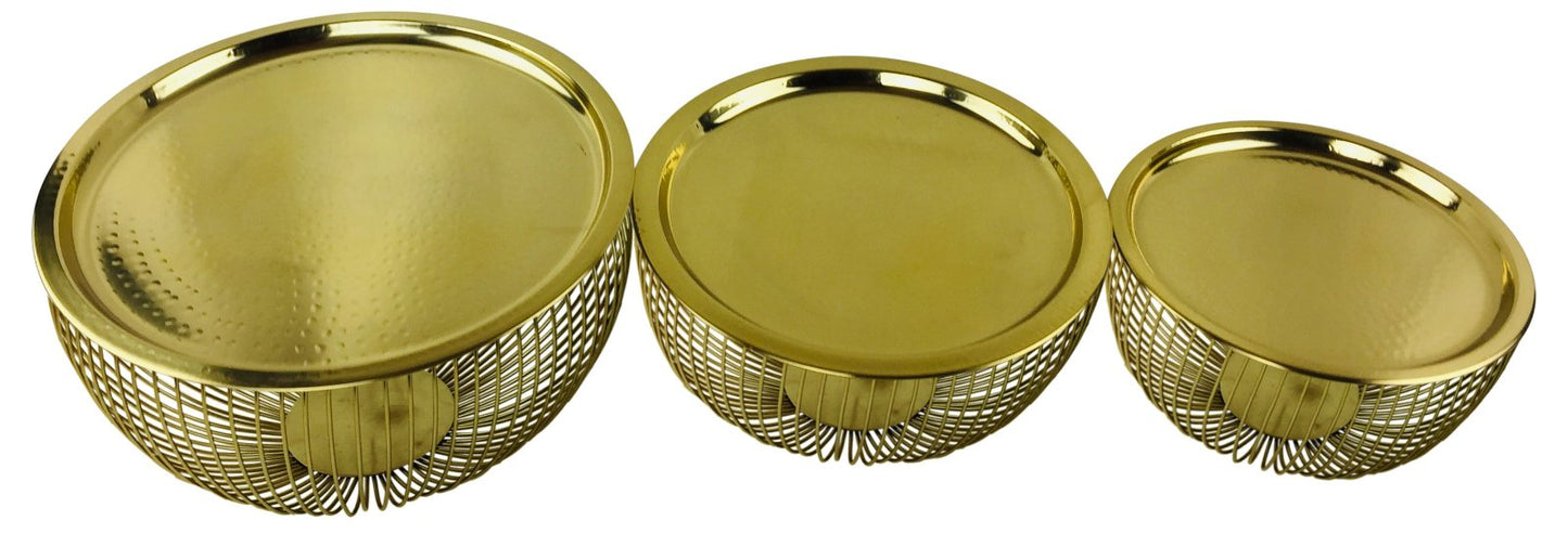 Set Of 3 Gold Bowls With Plate Tops