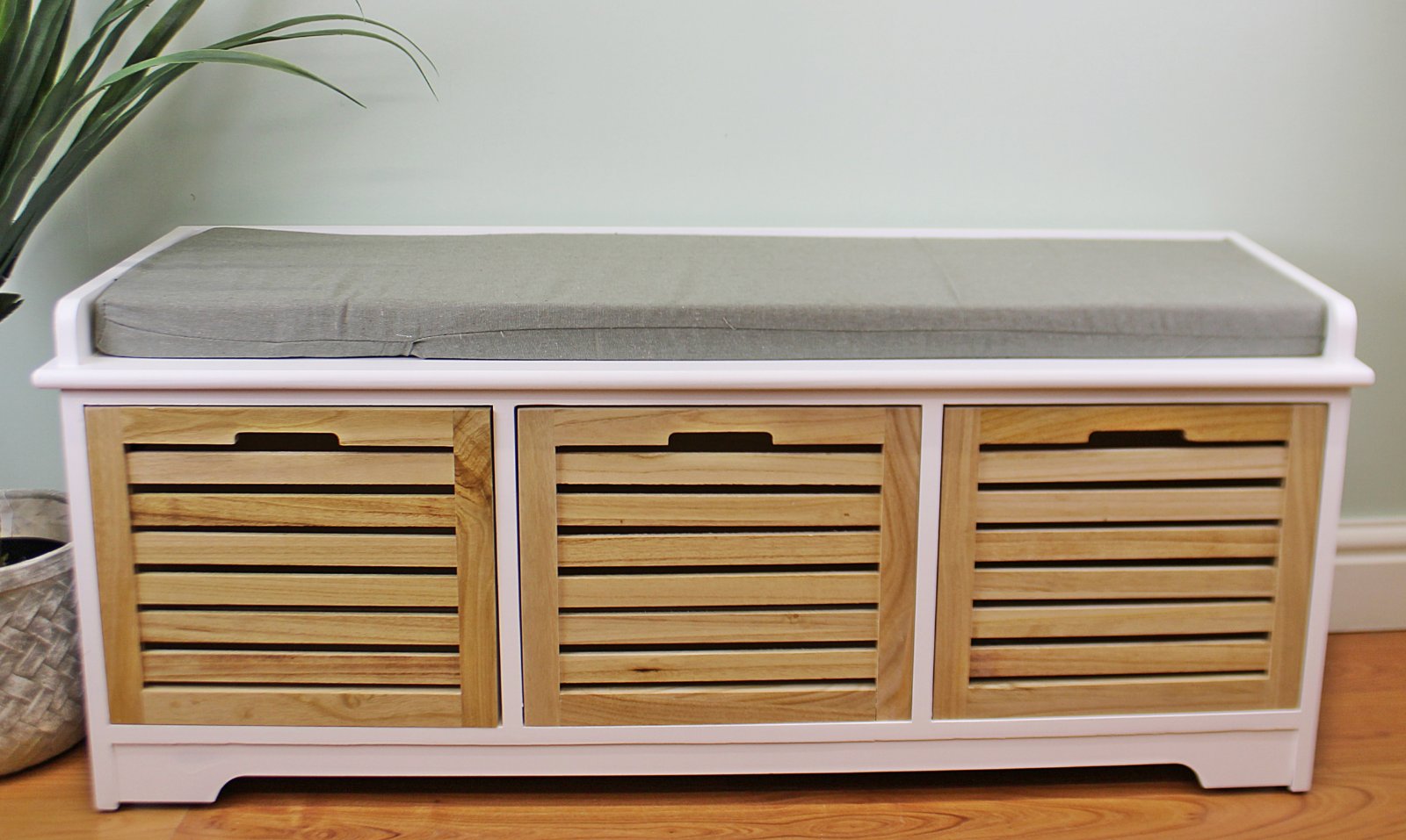White & Natural 3 Drawer Storage Bench With Grey Cushion