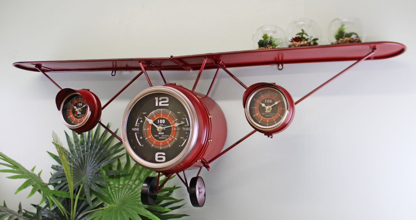 Vintage Aeroplane Clock With 3 Clocks & Display Shelf