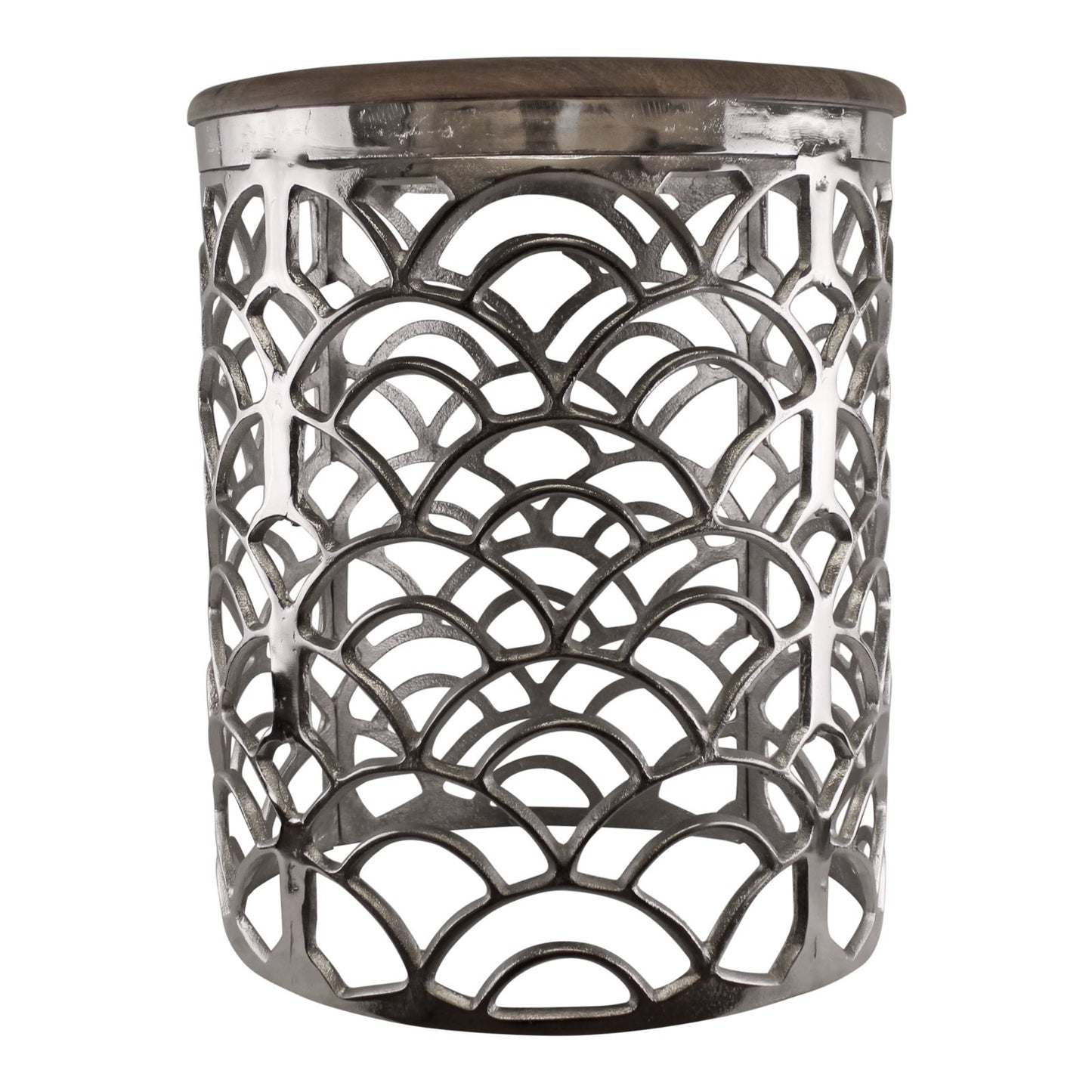 Decorative Silver Metal Side Table With A Wooden Top