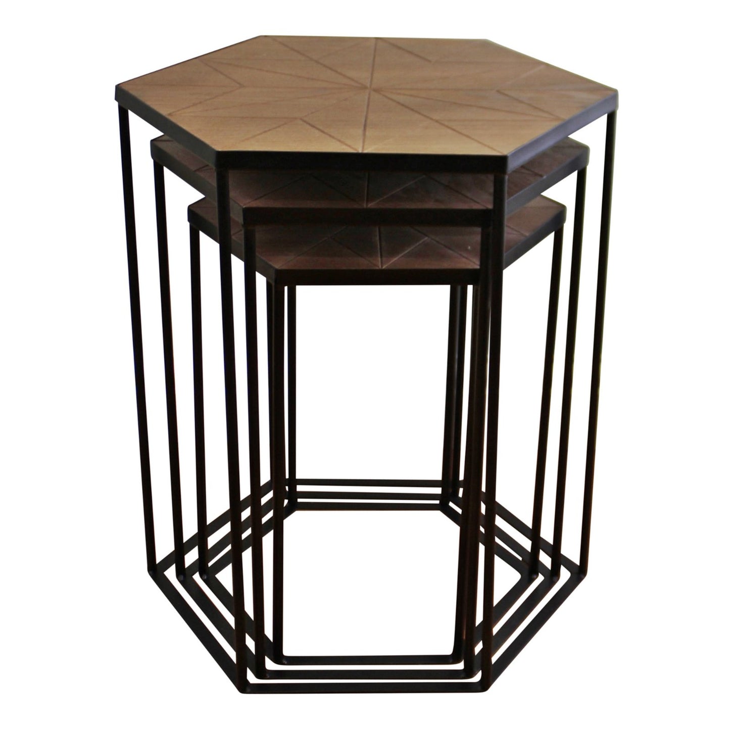 Set Of 3 Black Metal And Wood Hexagonal Side Tables