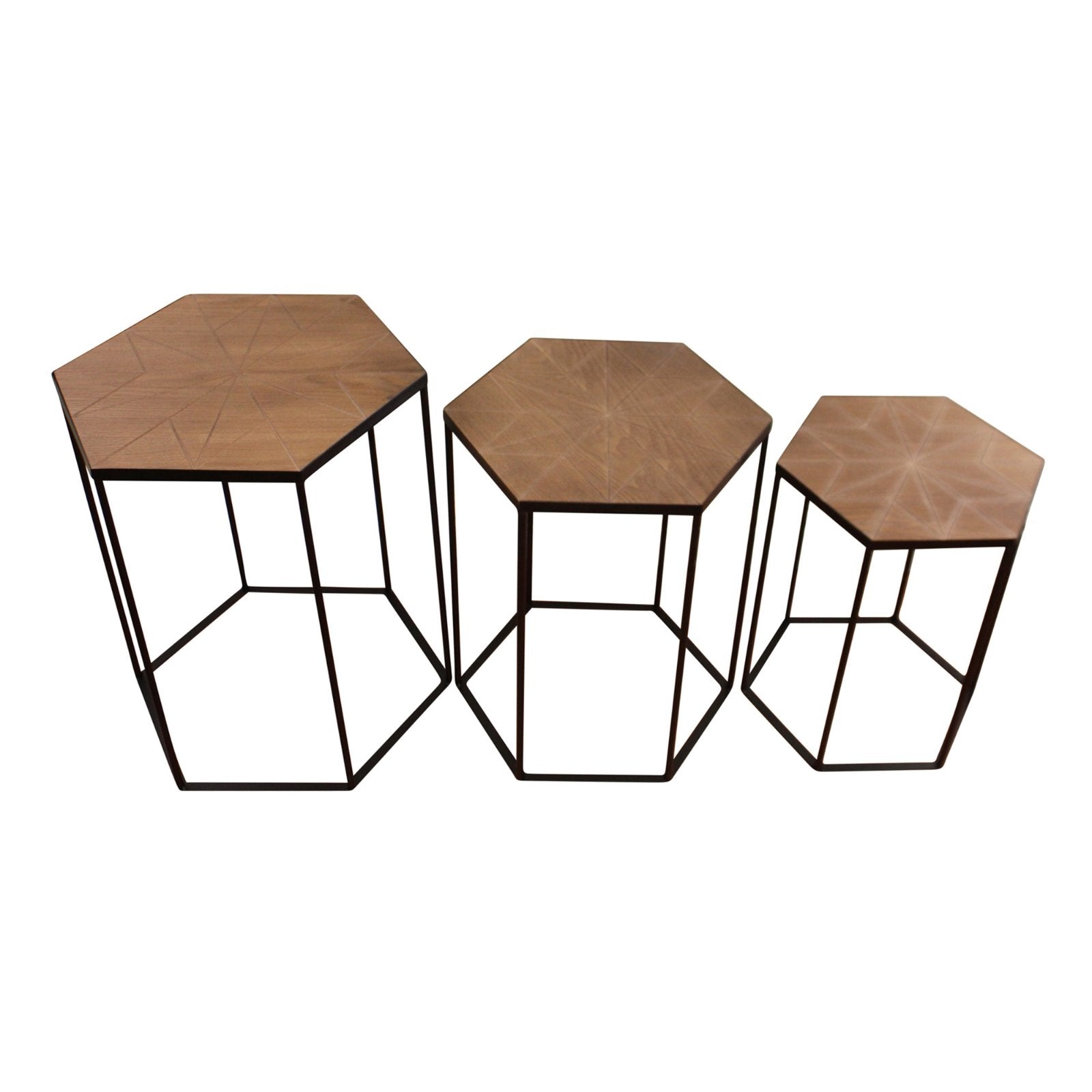 Set Of 3 Black Metal And Wood Hexagonal Side Tables
