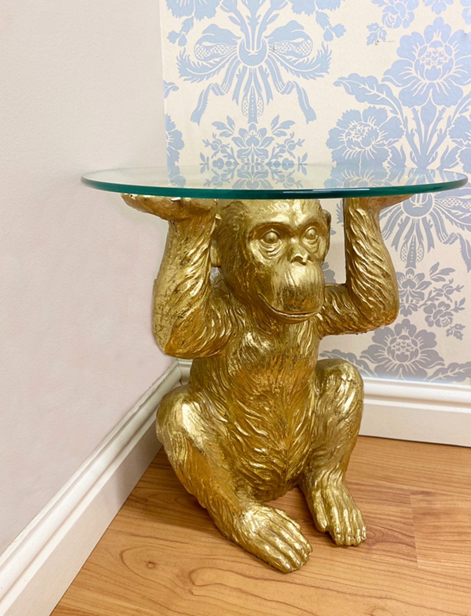 Gold Chimp With Glass Top Side Table